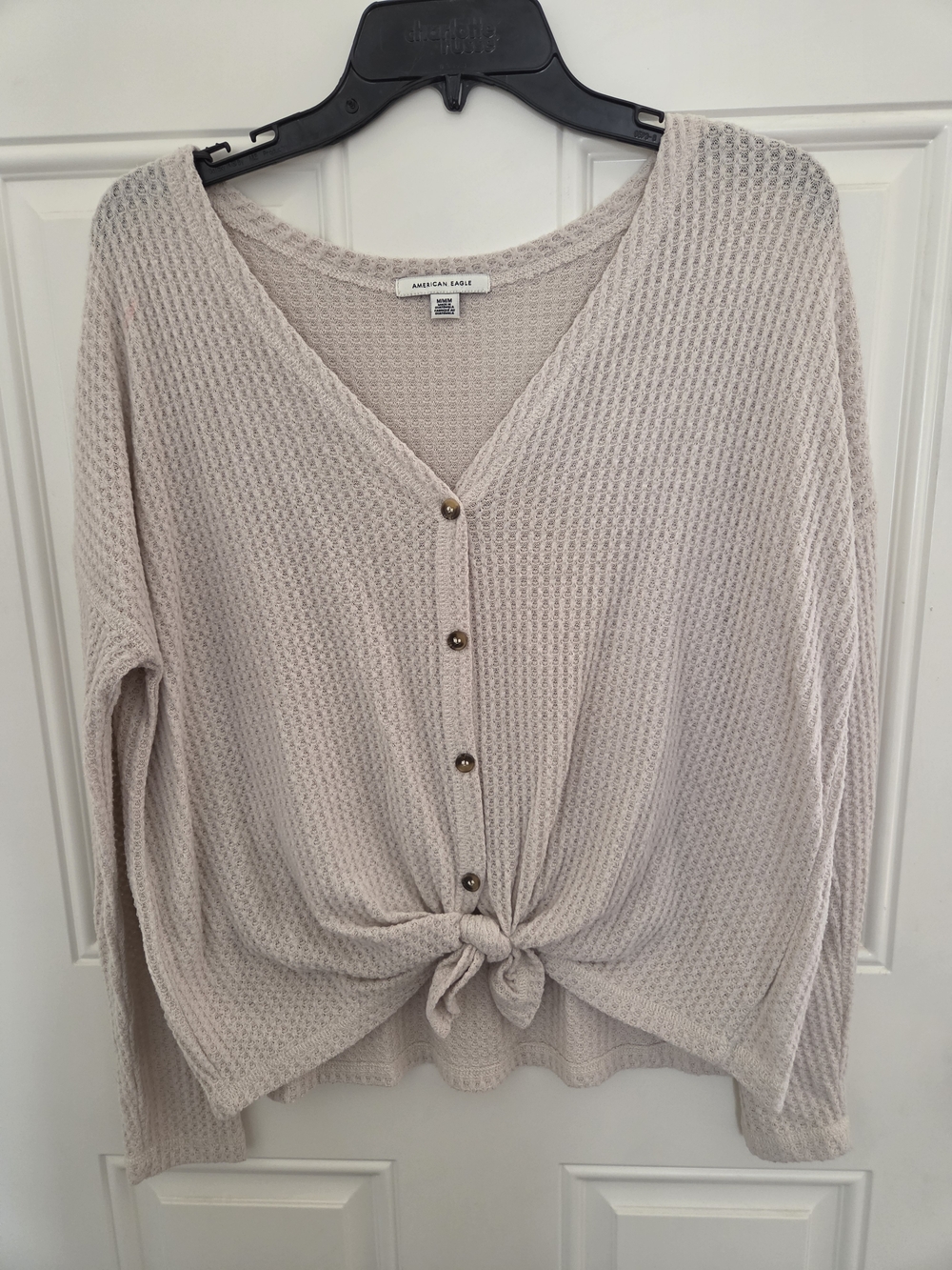 American Eagle Light Taupe Waffle-Knit Button Top